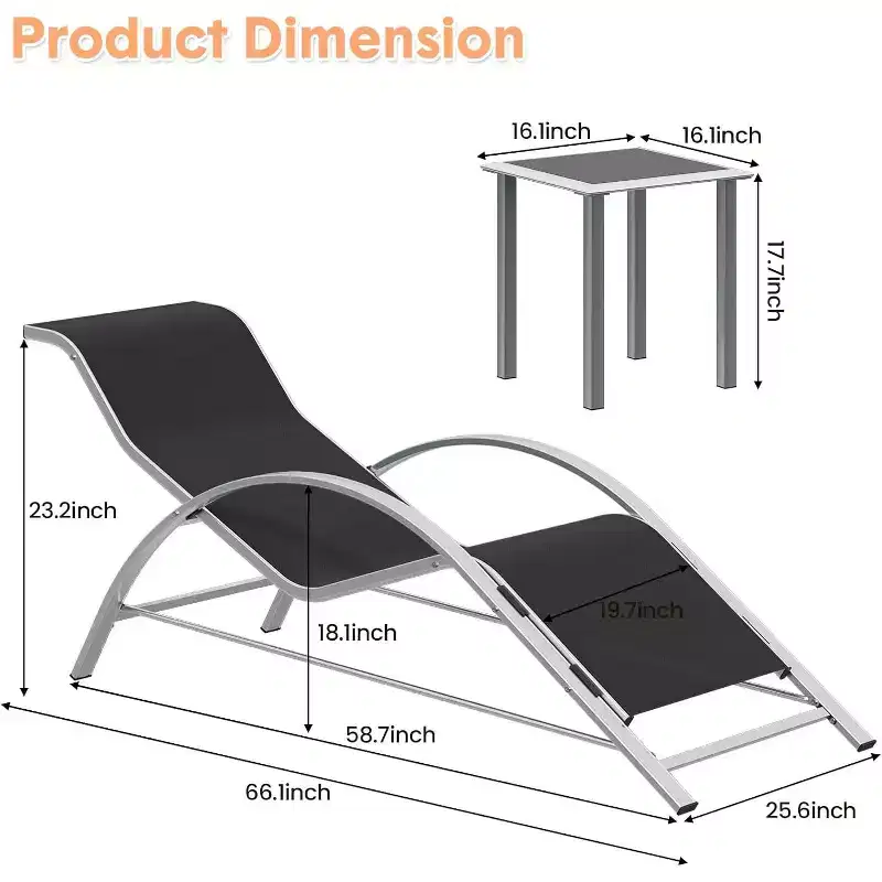 Rust-Resistant Aluminum 3 Piece Patio Lounge Chair Set, 2 Outdoor Reclining Loungers & 1 Side Table, Stackable Space-Saving for Poolside, Garden