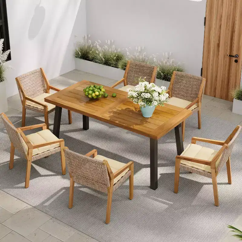 Christopher Knight Home Neva 7 Piece Industrial Outdoor Acacia Wood and Wicker Dining Set with Cushions