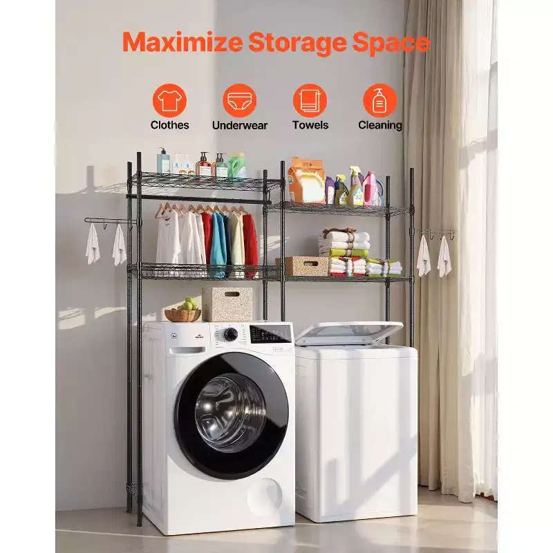 Over Washer and Dryer Storage Shelves, 4 Tiers Laundry Room Drying Rack with Hanger Rod and Hooks, Two Rows Washer Shelves Space Saver, Black