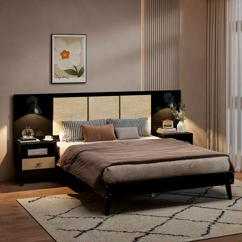 Queen Bed Frame with Rattan Headboard & Built-in Lights, 2 Bedside Tables with Drawers, Wood Platform Bed for Bedroom