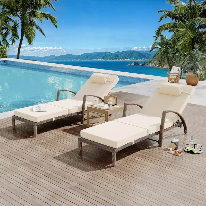 Coolmee Outdoor Chaise Lounge Set of 2 Rattan Patio Folding Chaise Lounge Adjustable 5 Position Back Patio Pool Lounge Chair with Cushion Pillow