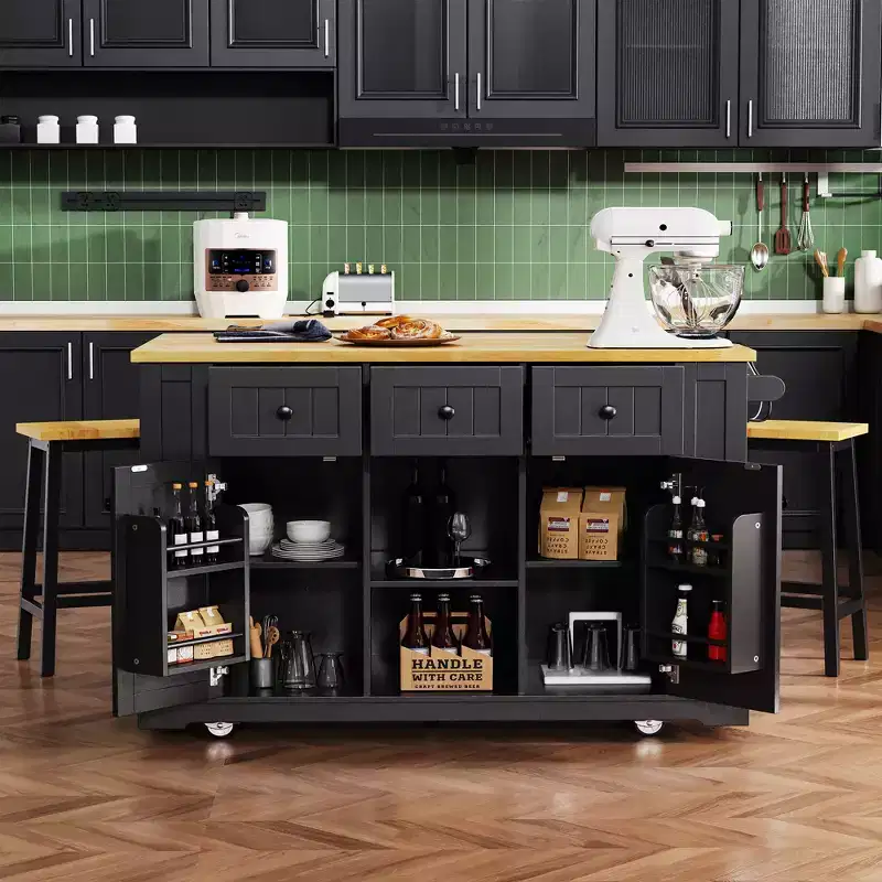 CLIHOME 53 Large Kitchen Island with Drop Leaf,Door Internal Storage Rack, Rolling Kitchen Cart on 5 Wheels with 5 Open Side Racks