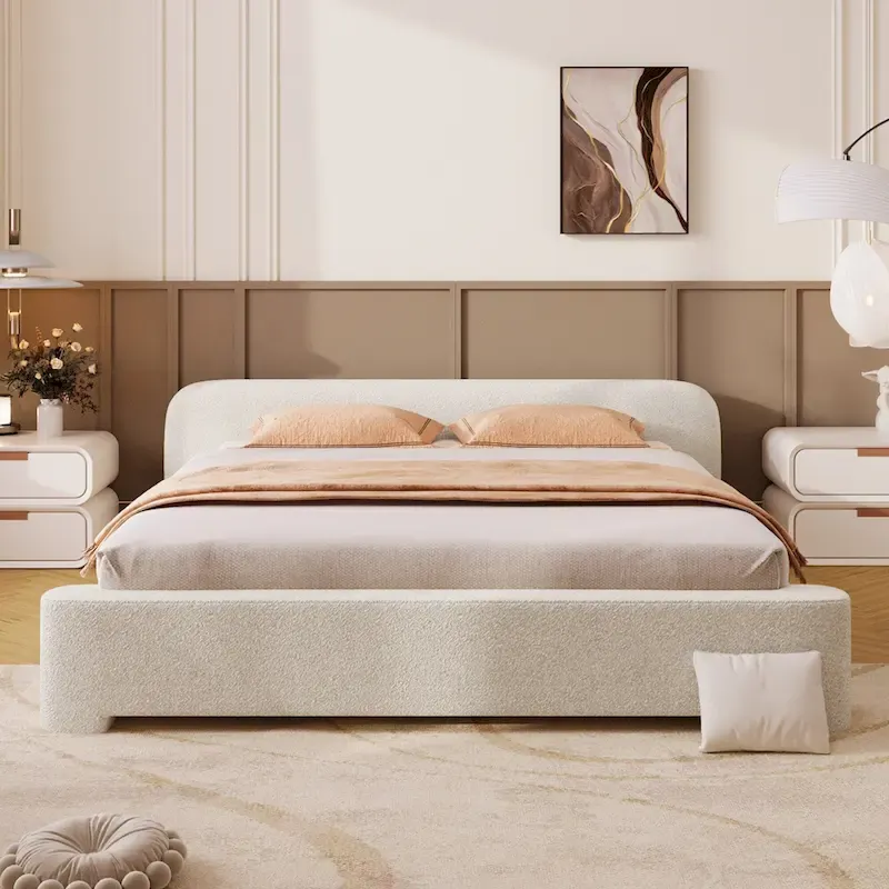 White Boucle Upholstered Platform Bed with Headboard, Queen, 2-Person