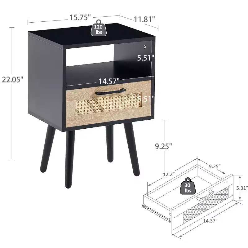 TUYOHW 15.75 Rattan Nightstand with Woven Drawer,Accent End Table with Open Shelf,Wood Side Table for Living Room,Bedroom