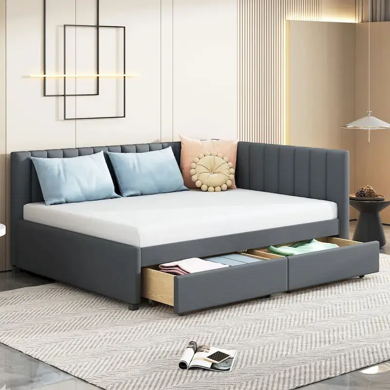 Full-Size Upholstered Daybed with Linen Backrest and 2 Storage Drawers – Gray, 1-Unit