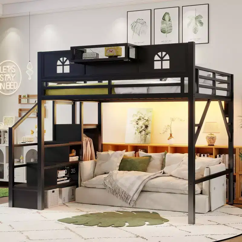 ModernLuxe Full/Queen Loft Bed with Stairs & Built-in Wardrobe, Metal Bed Frame with LED Lights, USB Charging Station & Storage Shelves