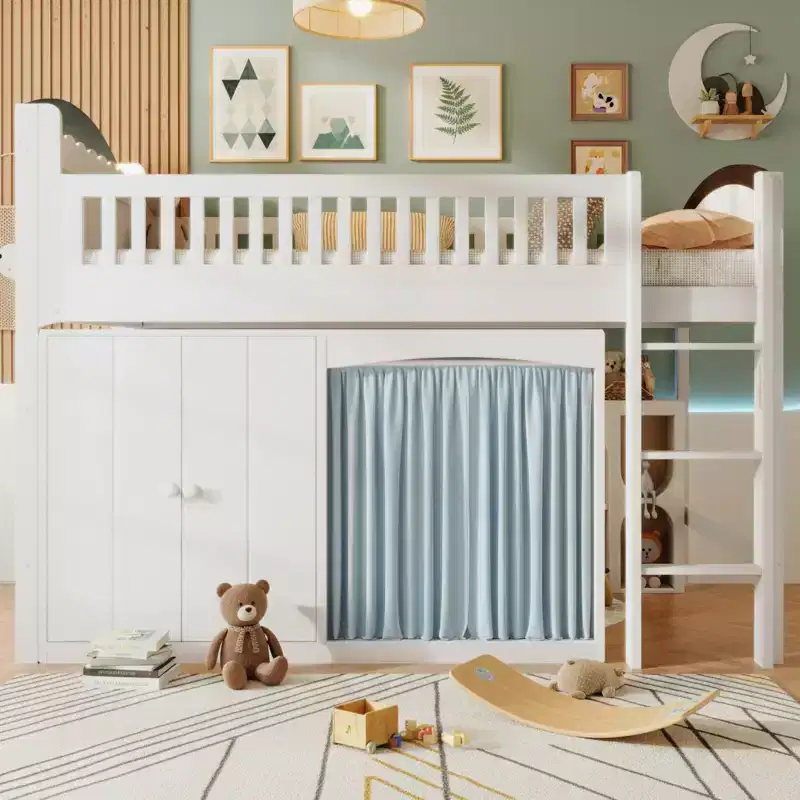 Full/Twin Loft Bed with LED Headboard, Wardrobe & Double-Door Storage Cabinet