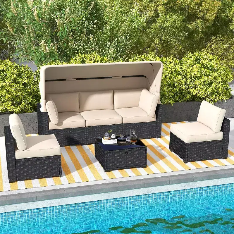 GustoWave 6 Pieces Patio Furniture Set,Wicker Patio Furniture Sofa with Retractable Canopy,Cushions and Tea Table with Storage,2 Adjustable Backrest