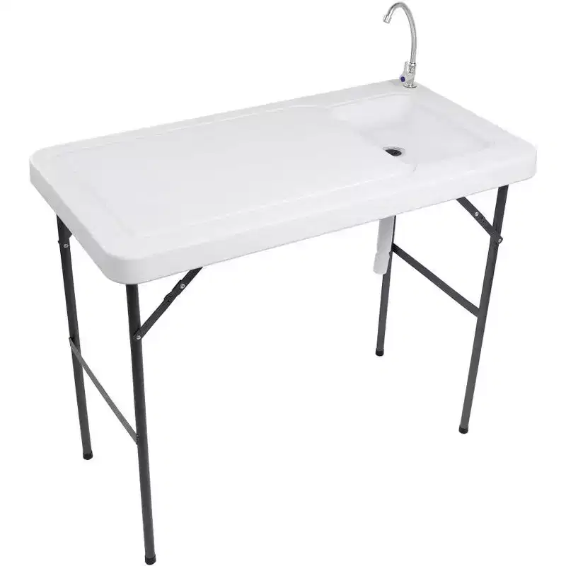 Outdoor Folding Fish and Game Cleaning Table, Portable & Durable, Standard Garden Connection, Upgraded Drainage Hose, White