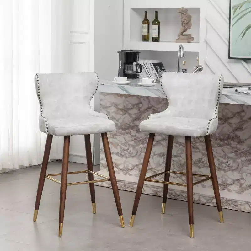 Set of 2 Mid-Century Modern Faux Leather Tufted Nailhead Trim Barstools, White