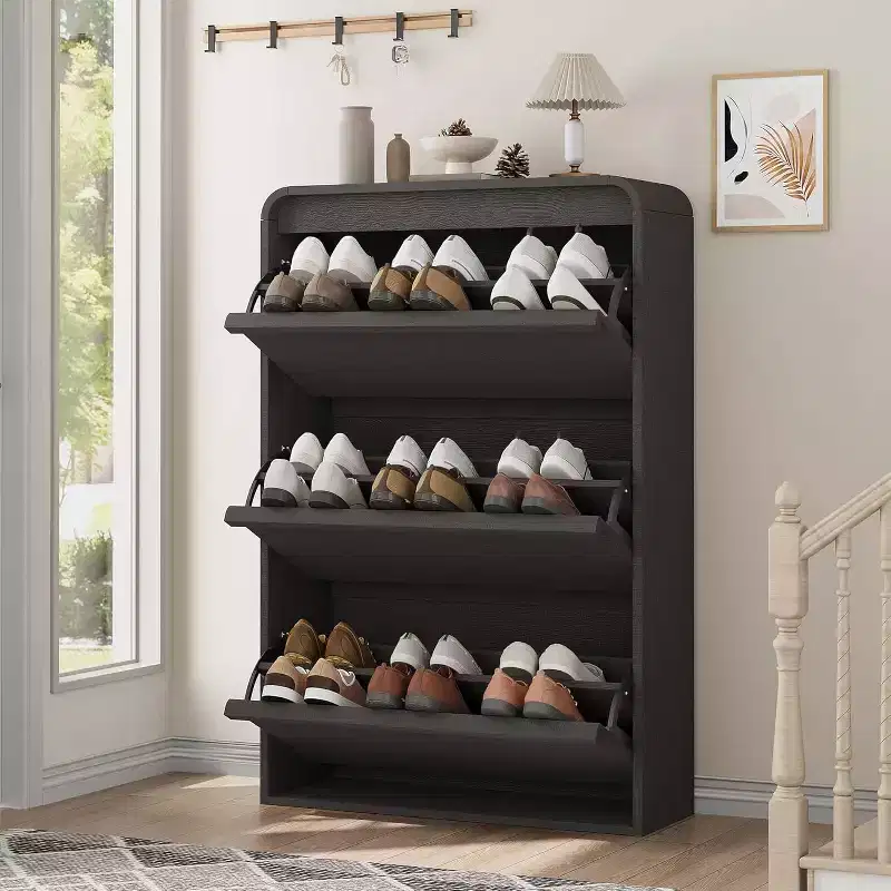 Flip-Door Shoe Cabinet with 3 Doors & Adjustable Shelf, Wooden Entryway Storage for Hallway and Living Room