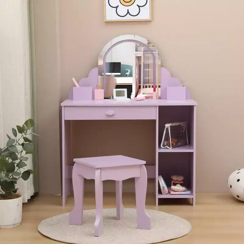 Kids Vanity with Lighted Mirror & Stool, 2 In 1 Makeup Vanity with Storage Drawer & Shelves for Girls 3-9