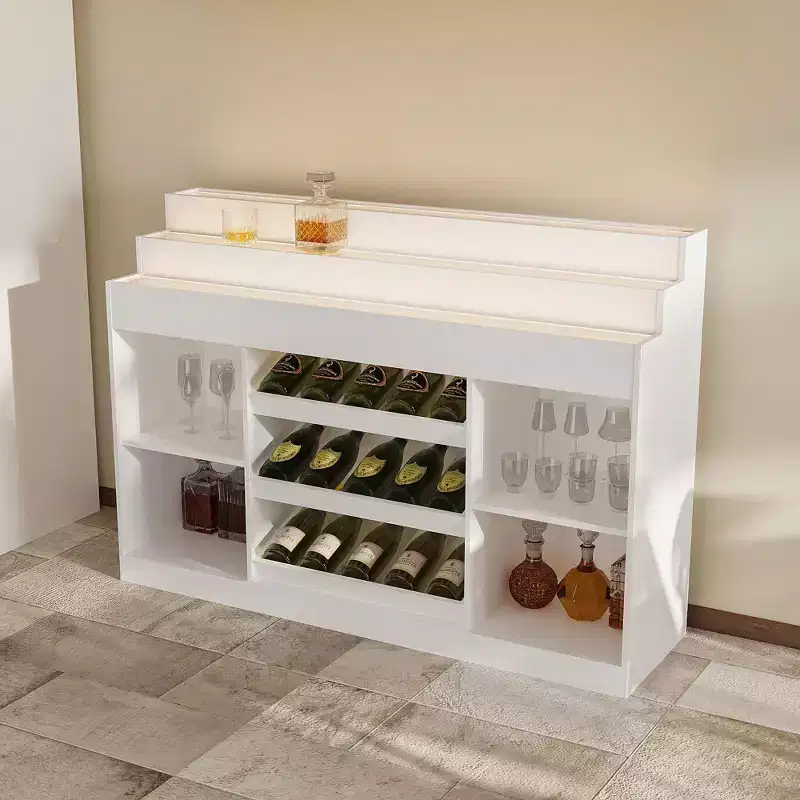 White Multi-Layer Bar Cabinet Wine Cabinet with Wave-Patterned Glass Countertop, Tiered Design, Ambient Lighting