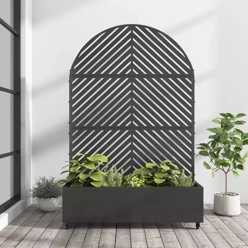 MAYEERTY Planter Box with Trellis Iron Black Arch Parallel Line 01 Style 72x35x16in 3-Piece Set