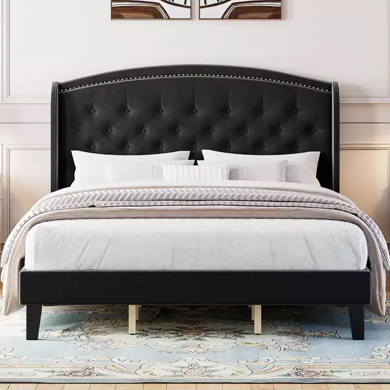 TROPOW King Size Wingback Headboard Bed Frame - Low Profile Upholstered Platform Bed, Sturdy Wooden Slat Support, No Box Spring Needed
