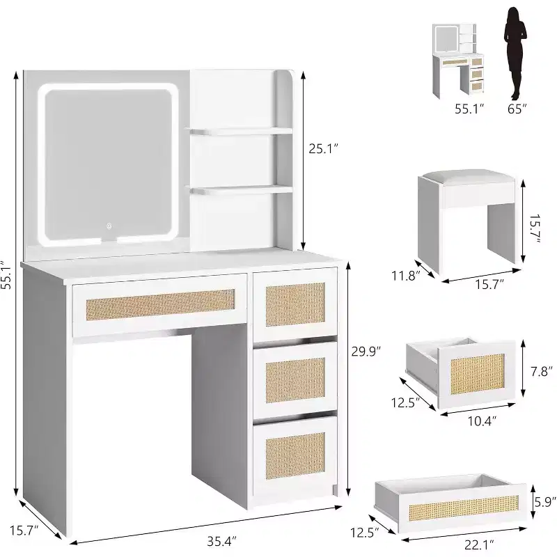Rattan Makeup Vanity Desk with Mirror & Adjustable LED Light, Large Storage Vanity with 4 Drawers and 2-Tier Open Shelves for Bedroom, White