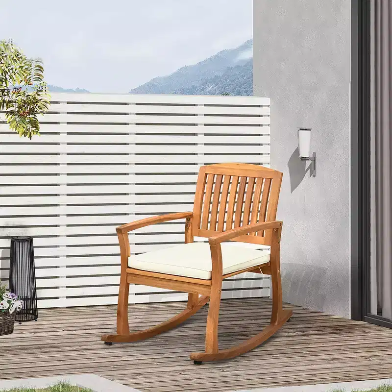 Outsunny Outdoor Rocking Chair with Cushion, Acacia Wood Patio Rocker for Backyard, Patio, Home, Teak Tone