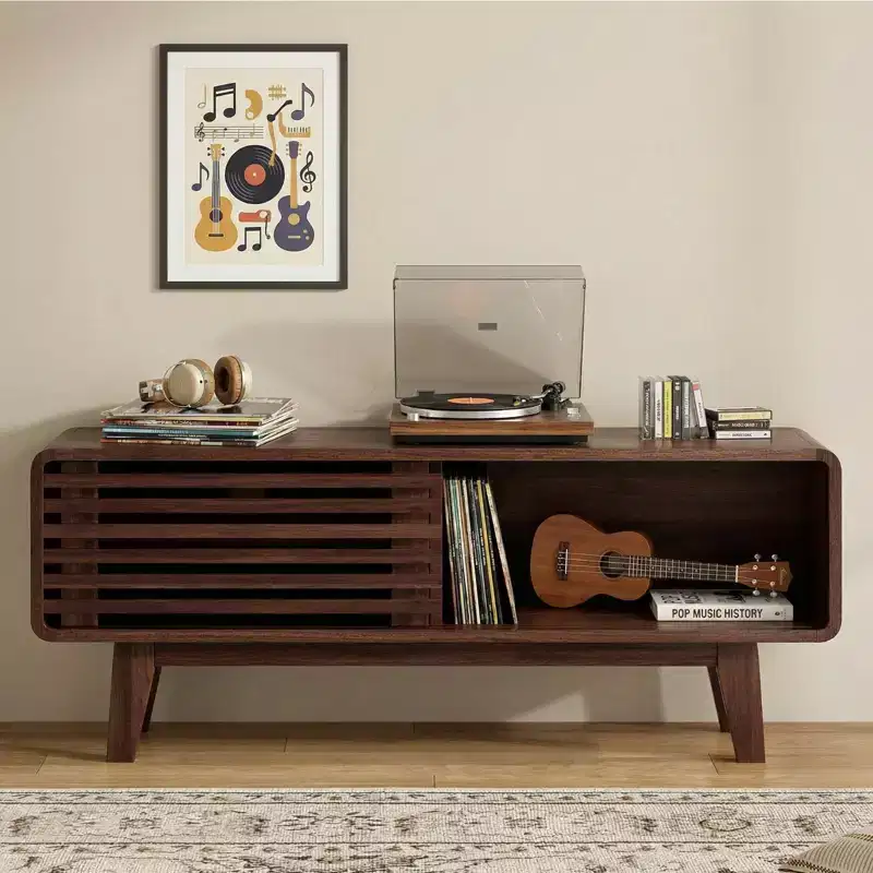 JVNOXK Mid-Century Modern TV Stand for TVs up to 59 with Sliding Doors & Open Storage