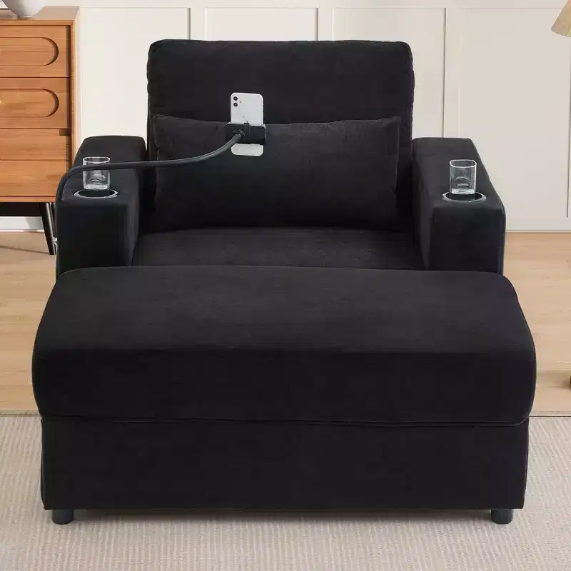 Modern Style Armhair 42.5 Chaise Lounge Sofa with Movable Storage Ottoman Ports Two Cup Holders Side Pockets for Living Room Black