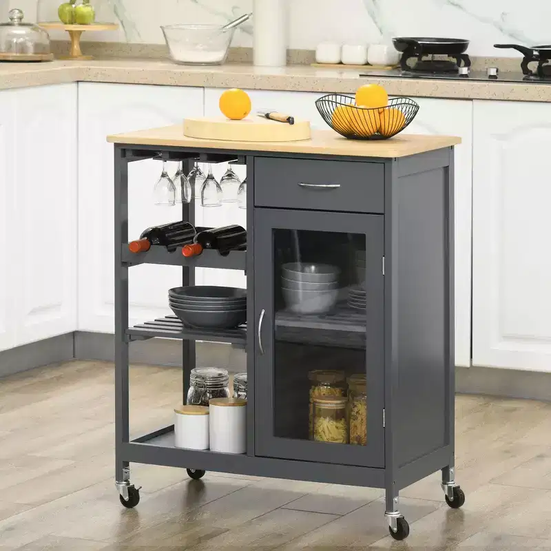 Rolling Kitchen Island with Storage, Kitchen Cart with 4-bottle Wine Rack, Bar Cart with Stemware Holder, Shelves, Drawer and Cabinet
