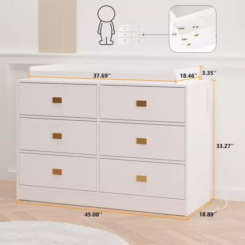 White six-drawer nursery dressing table/changing table - removable tabletop with changing mat, includes storage space for clothes and accessories.