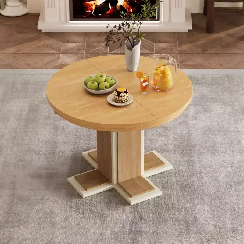 Okak 58IN Retro Extendable Dining Table with a 16-inch Middle Leaf, Kitchen Table for 6, Round Table for Kitchen, Dining Room, Natural