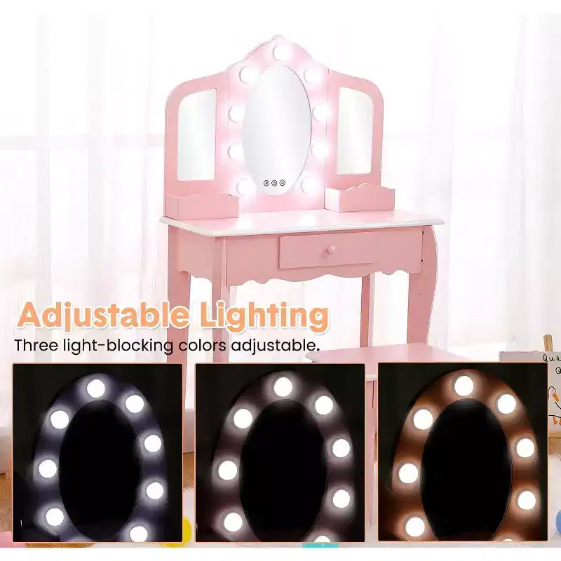 Vanity Set with 3 Mirrors, Pretend Play Girls Vanity Table and Chair Set with Lighted Mirror