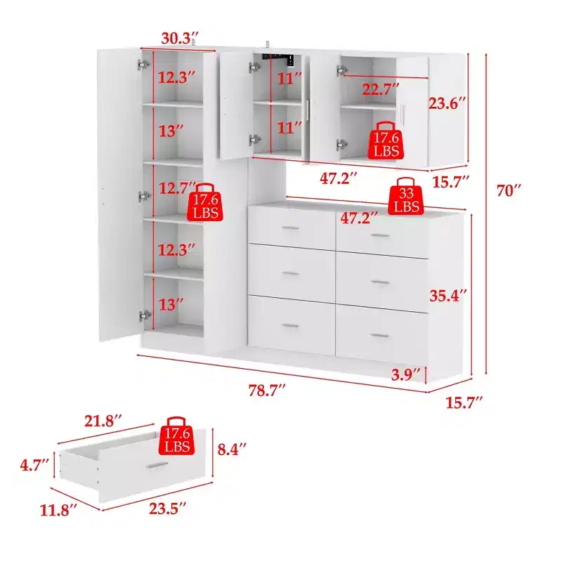 Kitchen Cabinet Set with 6 Drawers, 6 Doors & Adjustable Shelves, White, 78.7