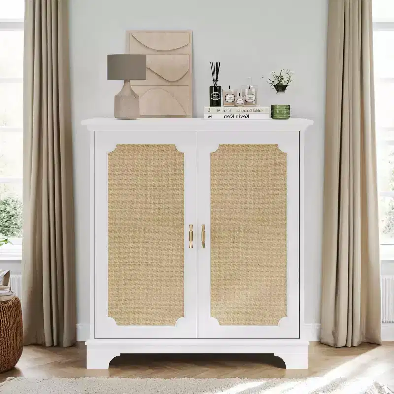 MAYEERTY Sideboard Buffet Storage Cabinet with Rattan Decorated Doorss Cupboard Console Table for Living Room Kitchen Wihte Beige