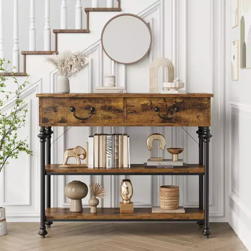 Brown / Gray, Industrial Style, 1-Person Console Table with 2 Drawers & Open Shelves
