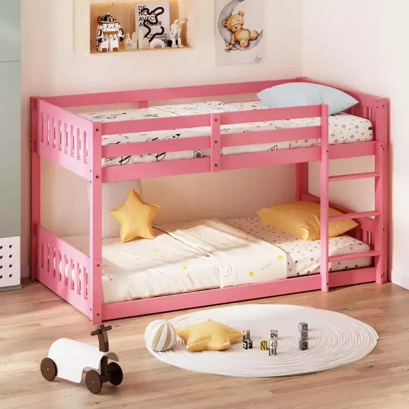 Low Twin Over Twin Bunk Bed for Kids with Guardrails and Ladder, Wood Frame, Mattress Not Included