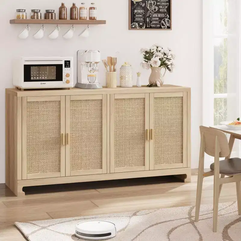 Woven Rattan 4-Door Storage Cabinet, Buffet Sideboard with Shelf, Coffee Bar Console for Kitchen Dining & Living Room, 36H