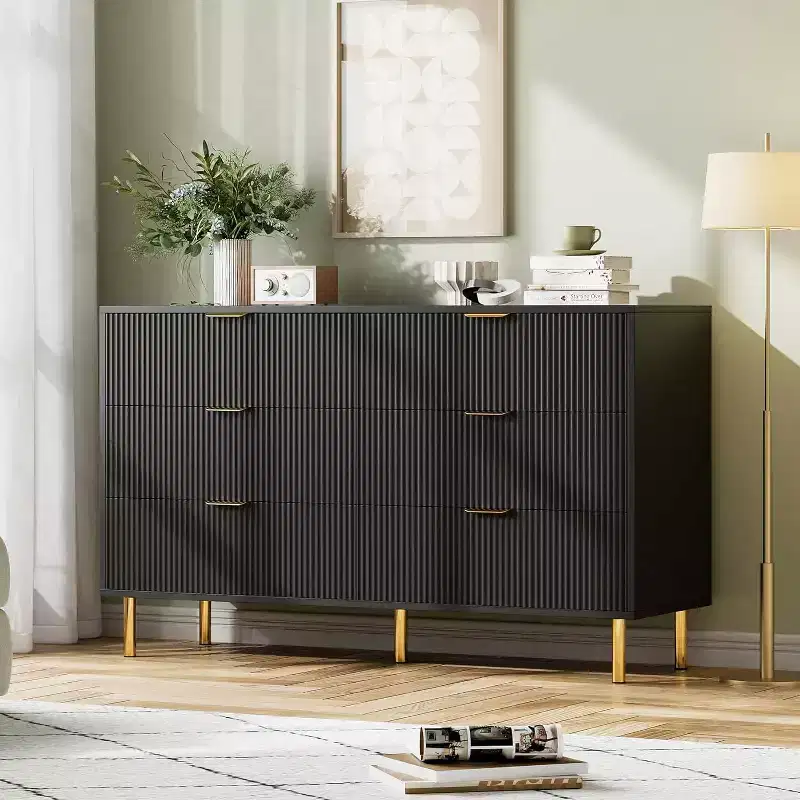 Dresser, Modern 6 Drawer Dresser for Bedroom with Gold Handle and Large Drawer, Wood Double Chest of Drawers and Storage Organizer