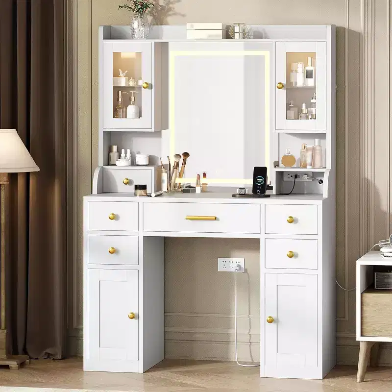 Vanity with Mirror, Lighting, and Charging Station - Large Makeup Set Featuring RGB Lighted Cabinet and 3 LED Lighting Modes