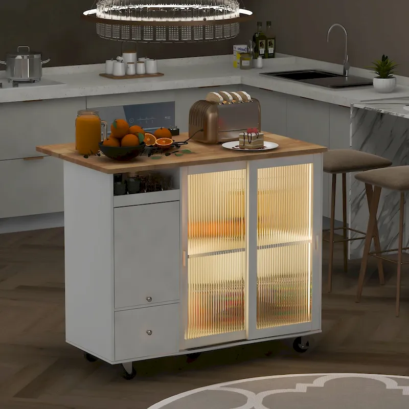Kitchen Island with Drop Leaf and LED Light
