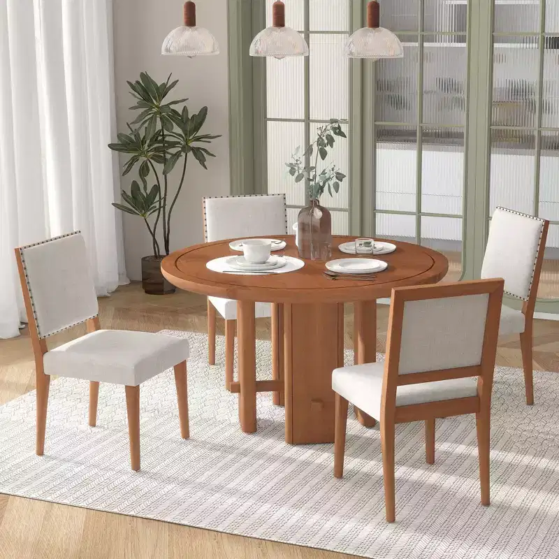 GDFStudio Katte 5 Piece Dining Table Set with Round Solid Wood Dining Table and Upholstered Chairs