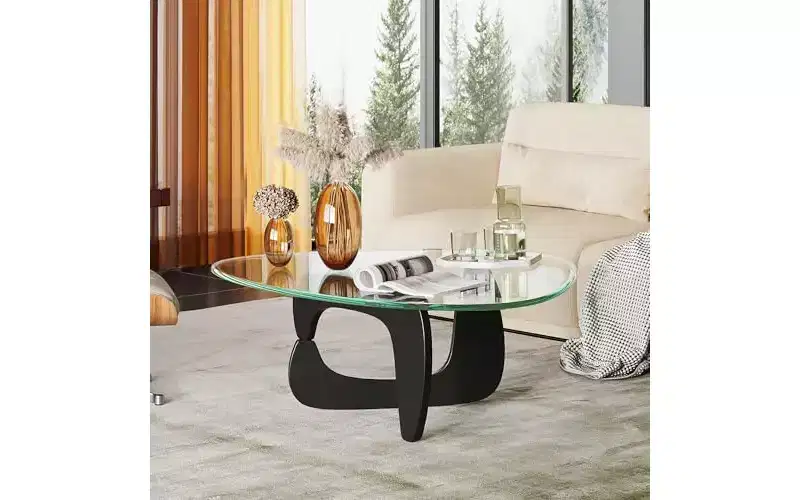 DEXYLLO Coffee Table, Small Glass Coffee Table with Solid Wood Legs, 36 Mid Century Triangle Living Room Tables