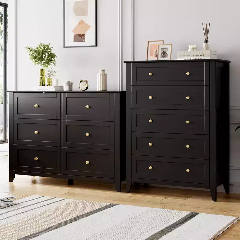 5 Drawers Dresser for Bedroom, Farmhouse Tall Wood Chest of Drawers for Clothes, Big Storage Dressers Organizer with Gold Handles & Deep Drawers