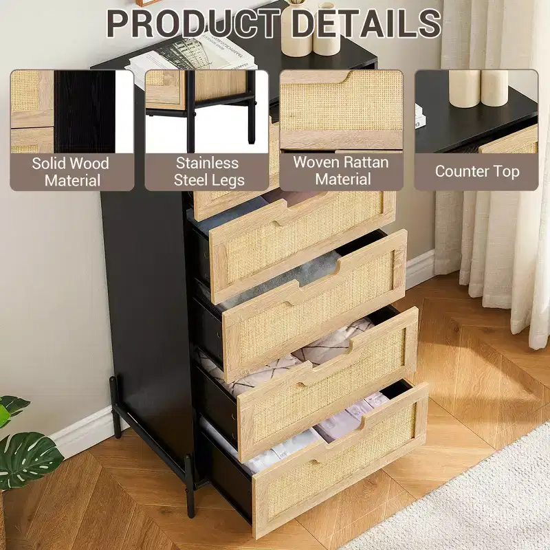 Wood Rattan 5 Drawer Dresser, Storage Cabinet with Legs, Dressers & Chests of Drawers for Bedroom
