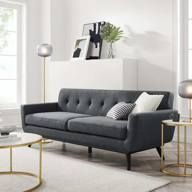Herringbone Fabric Sofa – Tufted Button Detail, Plush Cushion, Black Wood Legs