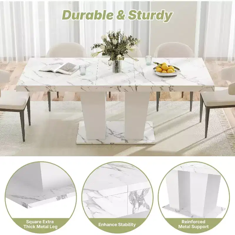 Zevemomo 63-78.7 Expandable Farmhouse Table, 6-10 Seater Wooden Table with Metal Track & Dual Column Base, White for Dining Room & Office