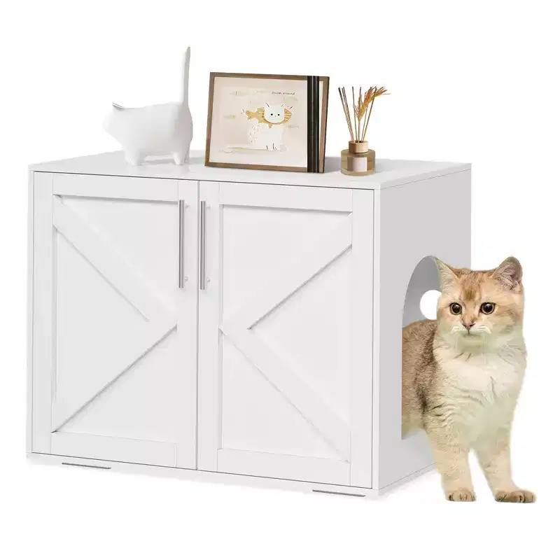 White 2-Door Wooden Cat Litter Box Enclosure Cabinet, for 1 Cat
