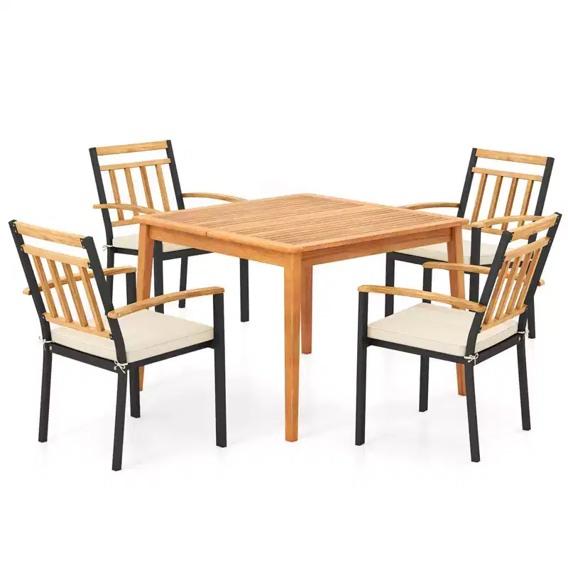 Costway 5 PCS Patio Acacia Wood Dining Set with Soft Seat Cushions Umbrella Hole for Yard