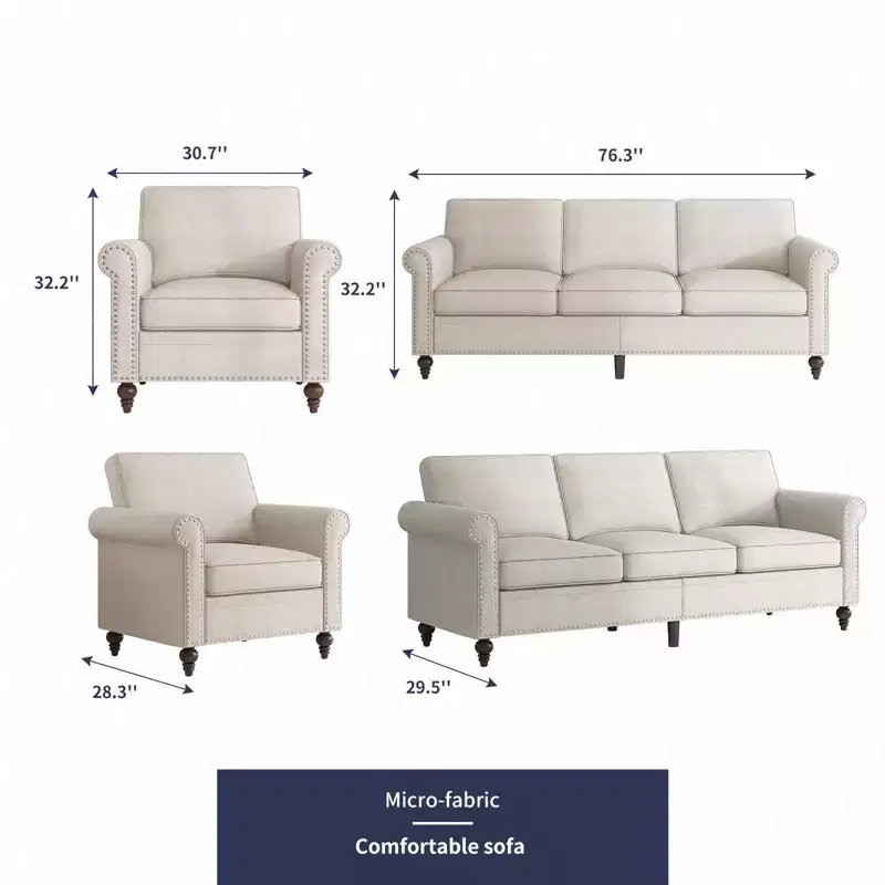Mjkone Modern Linen Fabric 3-Seater Sofa Couch with Single Sofa Chair with Rivet Design for Living Room,Bedroom,Apartment,Office