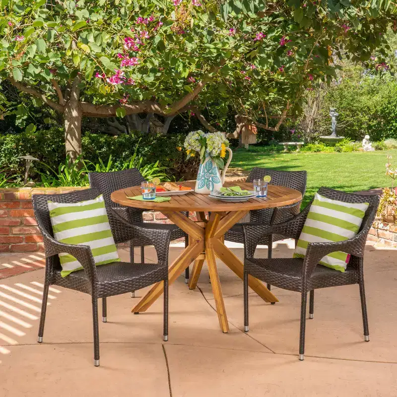 Natividad 5pc Acacia & Wicker Dining Set: Weather-Resistant, Stackable Chairs - Christopher Knight Home
