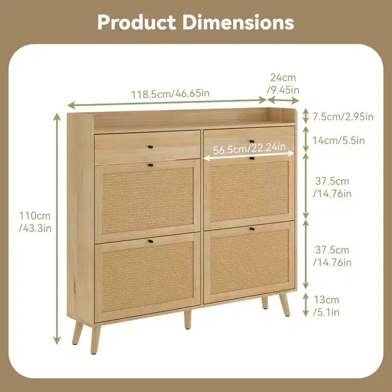 Rattan Shoe Storage Cabinet, Farmhouse Entryway Table with 4 Flip Drawers and 2 Drawers, Wooden Shoe Organizer for Entrance, Hallway