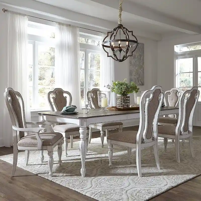 Magnolia Manor Antique White Weathered Bark 7 Piece Leg Table Set