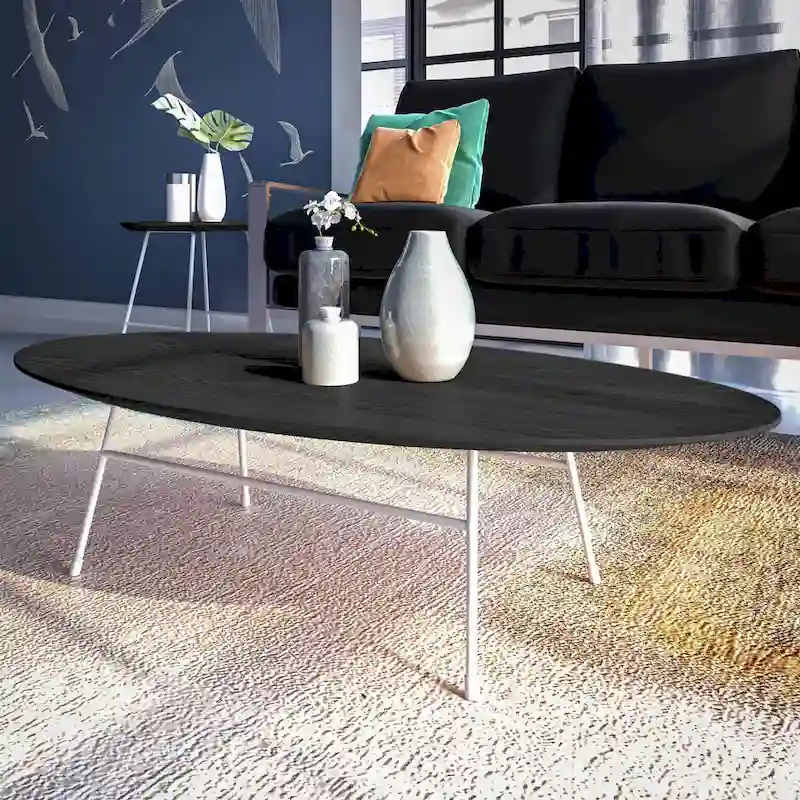 Modern Oval Accent Coffee Table with Powder-Coated Steel Frame for Living Room, Bedroom & Home Office