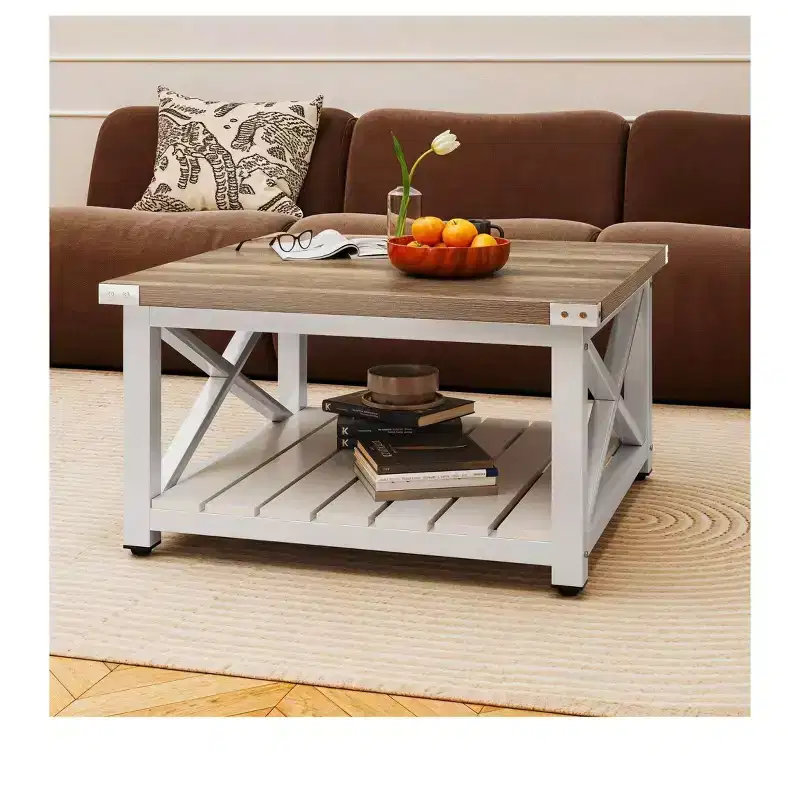 Square Farmhouse Coffee Table with Storage, Rustic Wood Center Table