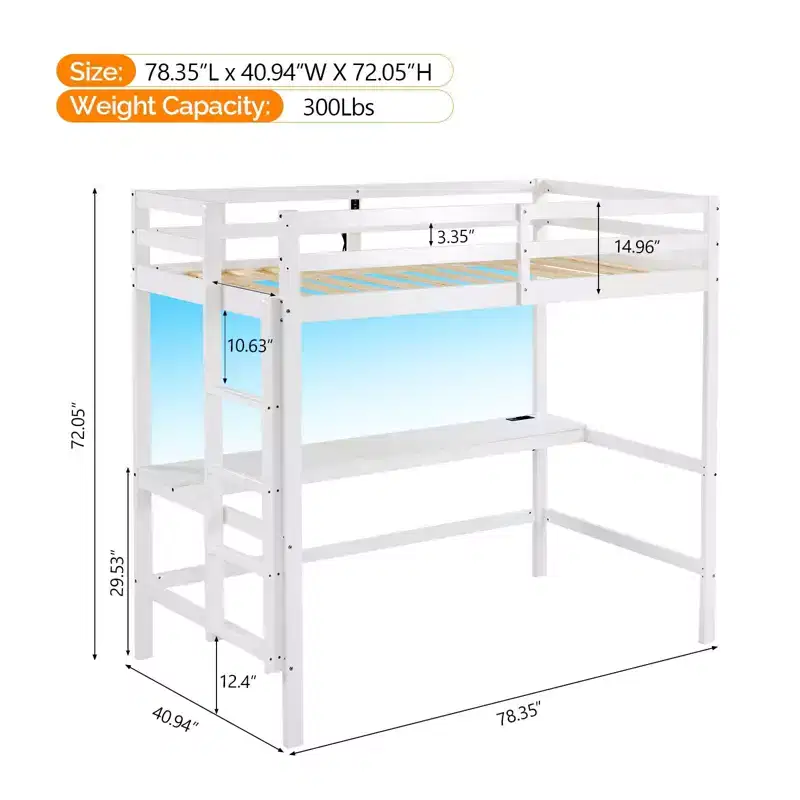 VINGLI Loft Bed with Desk, Wood Bunk Bed Twin Size with RGB LED for Adults, 2 Charging Station on High Guardrail and Desk,Wood Slat Support, White